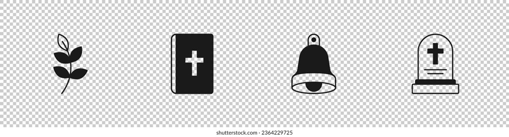 Set Willow leaf, Holy bible book, Church bell and Grave with tombstone icon. Vector