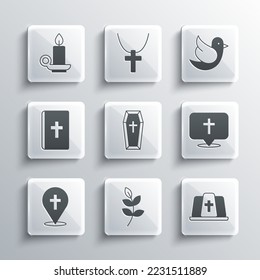 Set Willow leaf, Pope hat, Location church building, Coffin, Holy bible book, Burning candle candlestick and Dove icon. Vector
