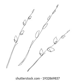 A set of willow twigs drawn with one line. Vector illustration in lineart style. Spring season. Hand drawn