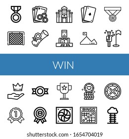 Set of win icons. Such as Medal, Goal, Gambling, Diploma, Casino, Croupier, Poker, Mission, Goals, Premium, Gold medal, Award, Fan, Poker chip, Bingo, Roulette , win icons