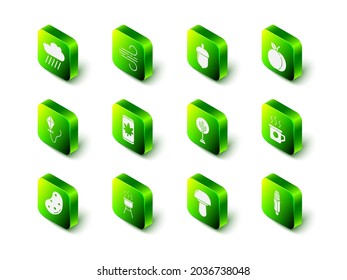 Set Wind, Acorn, Peach Fruit, Cup Of Tea, Corn, Tree, Mushroom And Barbecue Grill Icon. Vector