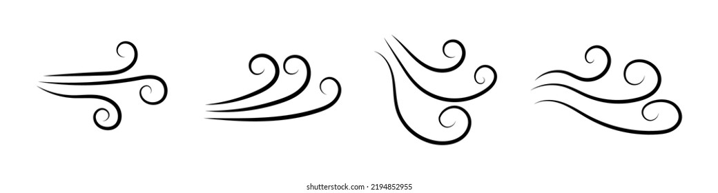 Conjunto de iconos de flujo de aire del viento. El clima y el medio ambiente. Movimiento natural de los símbolos del aire. Ilustración lineal aislada en fondo blanco. vectores 10