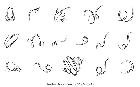 Set of wind blow set in doodle style, vector illustration on white background. A wave of cold air during windy weather. Rush symbol outline for print and design. Vector graphics, air dynamics