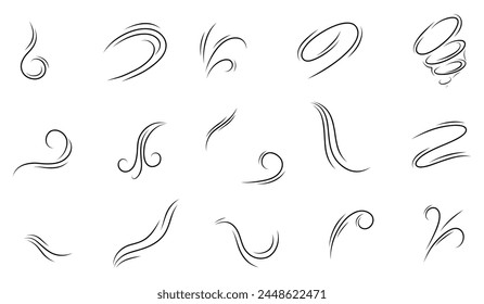 Set von Windblasen im Doodle-Stil, Vektorillustration auf weißem Hintergrund. Eine Kaltluftflut beim windigen Wetter. Rush-Symbolumriss für Druck und Design. Vektorgrafik-Grafiken, Luftdynamik