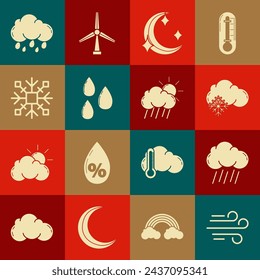 Set Wind, Cloud with rain, snow, Moon and stars, Water drop, Snowflake,  and sun icon. Vector