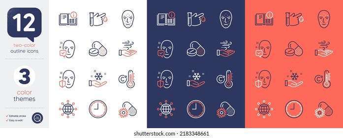Set of Wind energy, Celsius thermometer and International globe line icons. Include Coronavirus pills, Time, Face accepted icons. Instruction info, Face biometrics, Freezing web elements. Vector