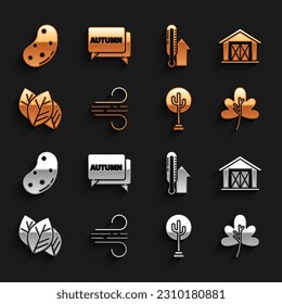 Eólica, casa de granja, hoja o hojas, árbol, termómetro de meteorología, burbuja de papa y voz con icono de texto otoño. Vector