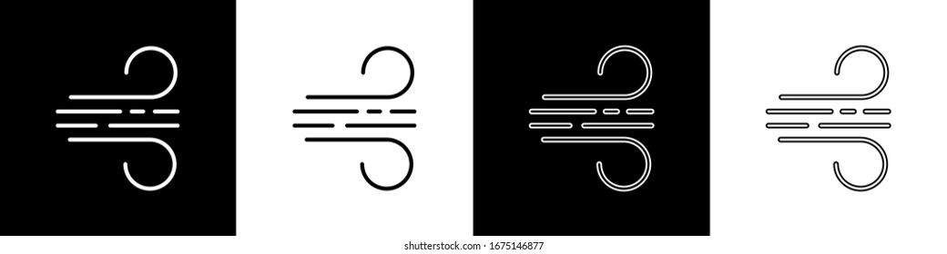 Set Wind icon isolated on black and white background. Windy weather.  Vector Illustration