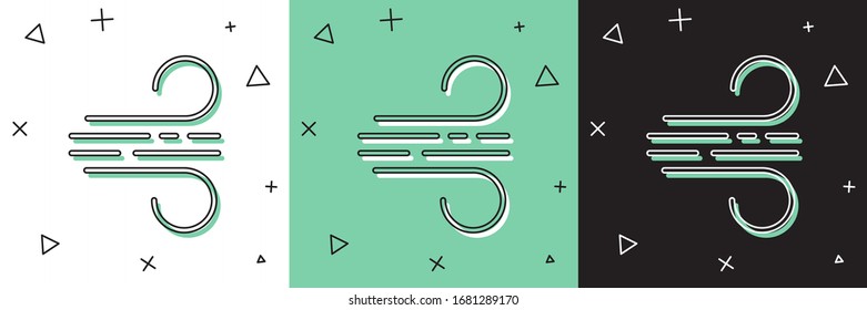 Set Wind icon isolated on white and green, black background. Windy weather.  Vector Illustration