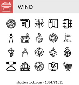 Set of wind icons. Such as Moisturizing, Compass, Bagpipes, Wind turbine, Fabric, Air quality, Solar, Windrose, Wind socket, Kite, Mist, Galleon, Layers, Solar energy , icons