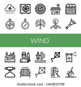 Set of wind icons such as Rain, Compass, Fan, Atmosphere, Wind turbine, Solar, Drought, Hydro power, Trumpet, Geothermal energy, Mist, Surfer, Heat, Kite, Temperature, Wind energy ,