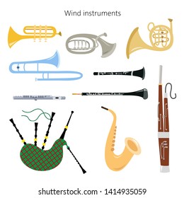 Set of wind instruments on the white background. Vector illustration.