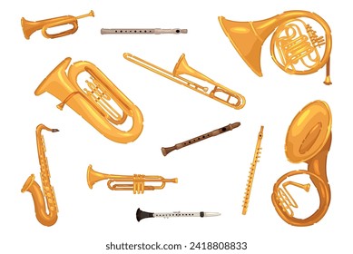 Set of wind instruments on white background