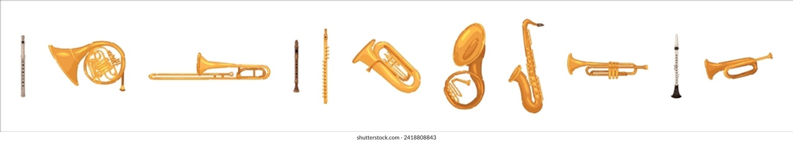 Set of wind instruments on white background