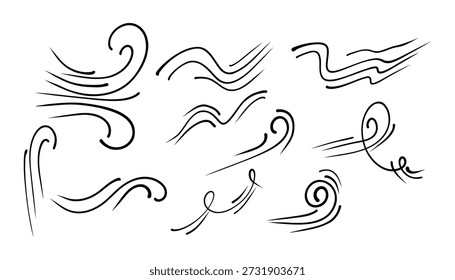 Conjunto de linha de vento. mão desenhada redemoinho ar fluxo doodle. redemoinho, ondas, espirais, rabiscos, curvas, e linhas de movimento. ilustração vetorial