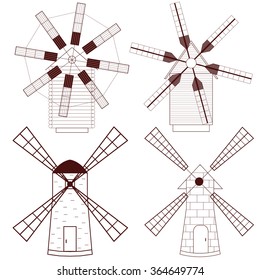 Set of Wind Mill. Buildings for grinding flour. The production of bread. Icon design for your company. Mills with different wings. Dark red color. Wind energy. Vector illustration.