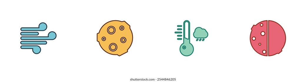 Conjunto de viento, luna, meteorología termómetro y eclipse de sol icono. Vector