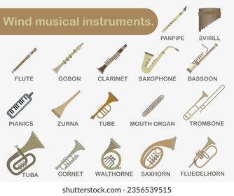 A set of wind musical instruments. Colored wind musical instruments with the title. EPS 10.