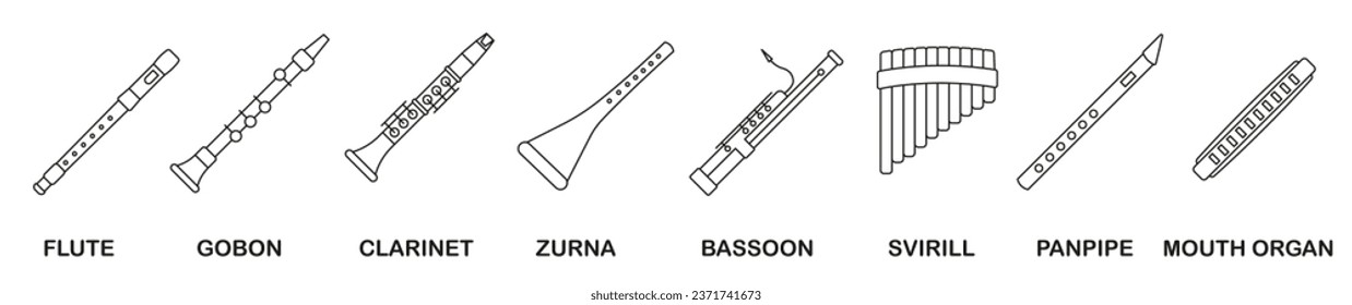 Set of wind musical instruments. Wind musical instruments with the name in a thin line. EPS 10.