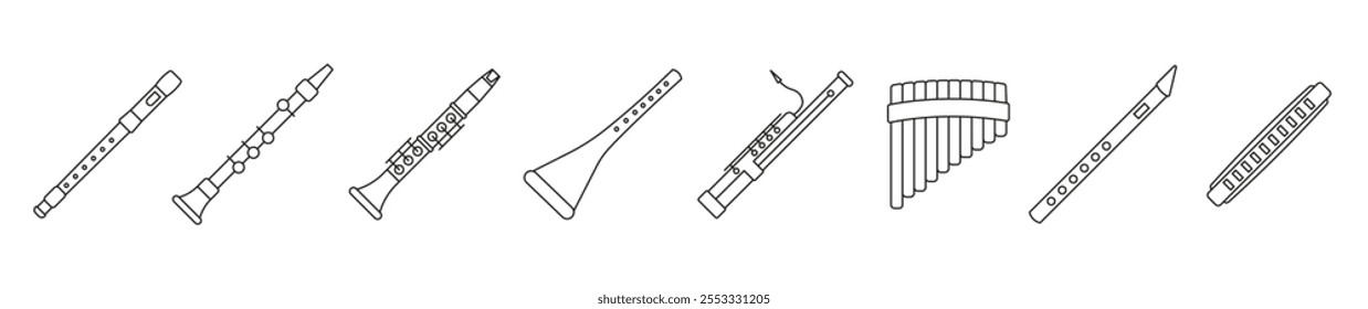 Set of wind musical instruments. Wind musical instruments with the name in a thin line. EPS 10.