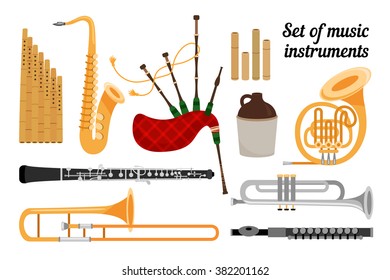 Set of wind musical  instruments: trombone, trumpet, saxophone, jug