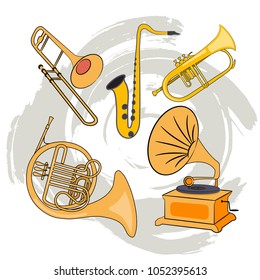 A set of wind musical instruments. Trumpet, trambon, flute, bugle, gramophone. Rock'n'roll day. Isolated, vector illustration