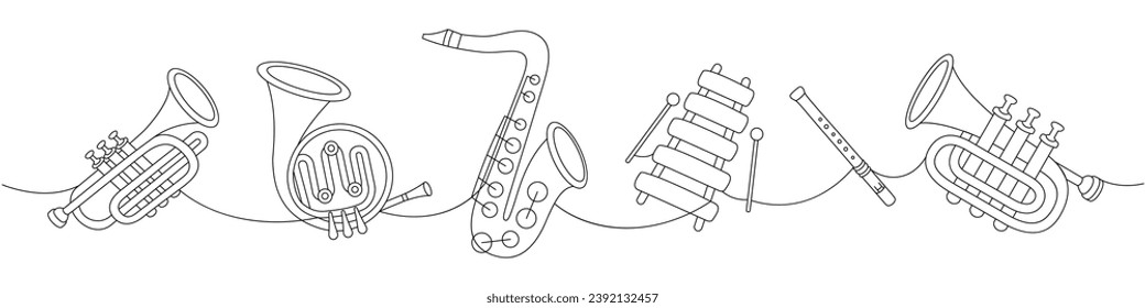 Conjunto de instrumentos de música eólica. Tuba, trompeta, cuerno francés, saxofón, xilófono de madera, ilustración continua de una línea fluida.