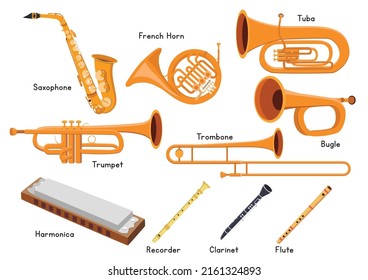 Set of wind musical instruments vector design. Saxophone, trumpet, French horn, tuba, trombone, bugle, harmonica, recorder, flute, clarinet. Brass musical instruments.  