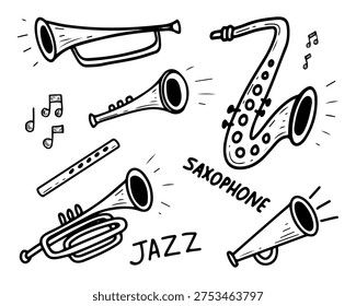 Set of wind musical instruments. Vector sketch, hand drawn. Saxophone, trumpet, trombone, flute. Symphony orchestra. Ensemble accompaniment. Line art graphic illustration.
