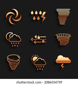 Eve y llueve, Nube con nieve, lluvia, sol, tormenta, tornado, luna e ícono. Vector