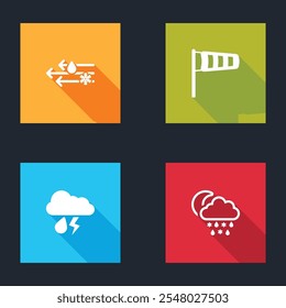 Conjunto Viento y lluvia con nieve, meteorología de cono, veleta de viento, relámpago de nubes y lluvia, icono de luna. Vector