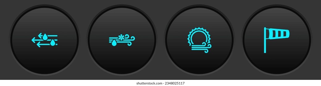 Set Wind and rain, with snow, sun and Cone meteorology windsock wind vane icon. Vector