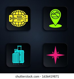 Set Wind rose, Airline ticket, Suitcase for travel and Map pointer with mountain. Black square button. Vector