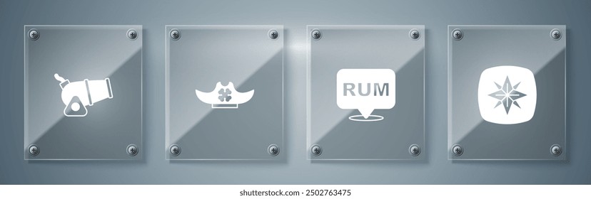Set Rosa de Viento, Bebida alcohólica Ron, Sombrero Pirata y Cañón. Paneles de vidrio cuadrados. Vector
