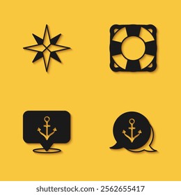Set Wind rose, Anchor,  and Lifebuoy icon with long shadow. Vector