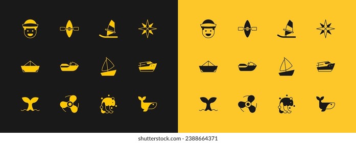 Set Wind rose, Boat propeller, Yacht sailboat, Tsunami, Jet ski, Windsurfing, Sailor and Kayak and paddle icon. Vector