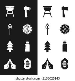 Set Wind rose, Burning match with fire, Barbecue grill, Wooden axe, Tree, Canteen water bottle, Rafting boat and Tourist tent icon. Vector