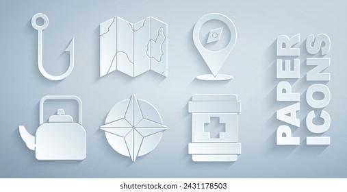 Set Wind rose, Compass, Kettle with handle, First aid kit, Location of the forest on map and Fishing hook icon. Vector