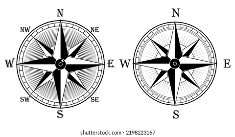 set of wind rose compass marine isolated or nautical navigation sail symbols or geographic direction maps. eps vector