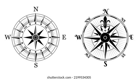 set of wind rose compass marine isolated or nautical navigation sail symbols or geographic direction maps. eps vector