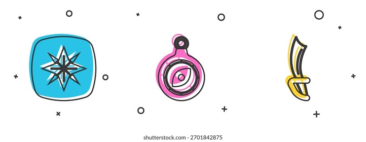 Set Wind rose, Compass and Pirate sword icon. Vector