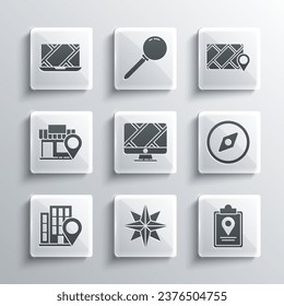 Set Wind rose, Folded map with location marker, Compass, Monitor, Location house, store, City navigation and  icon. Vector