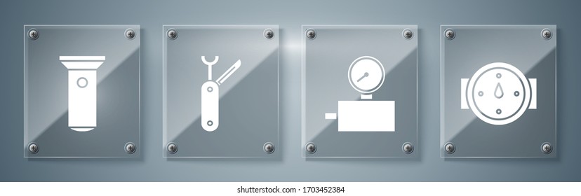 Set Wind Rose, Gauge Scale, Swiss Army Knife And Flashlight. Square Glass Panels. Vector