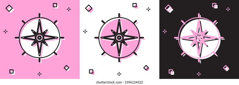Set Wind rose icon isolated on pink and white, black background. Compass icon for travel. Navigation design.  Vector Illustration