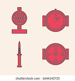Fije la rosa del viento, las tuberías metálicas y la válvula de la industria, el reloj de buceo y el icono del cuchillo del ejército. Vector