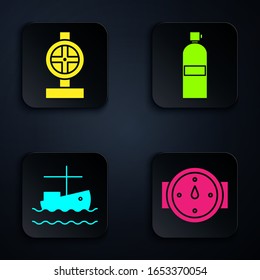 Set Wind rose, Industry metallic pipes and valve, Fishing boat on water and Aqualung. Black square button. Vector
