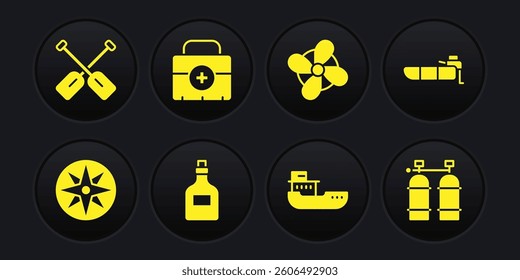Set Wind rose, Inflatable boat with motor, Rum bottle, Cargo ship, Boat propeller, First aid kit, Aqualung and Paddle icon. Vector