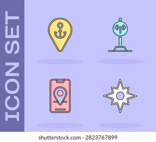 Set Wind rose, Location with anchor, City map navigation and Fork the road icon. Vector