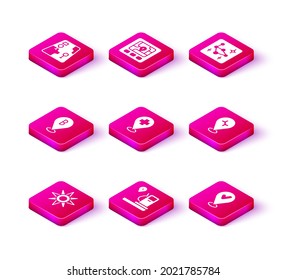 Set Wind rose, Location and gas station, Medical location with cross, check mark, Car service, Great Bear constellation and Gps device map icon. Vector