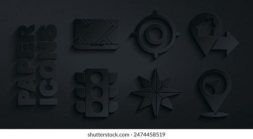 Set Windrose, Lage mit Haus, Ampel, Zielsport und Stadtplan Navigation Symbol. Vektorgrafik